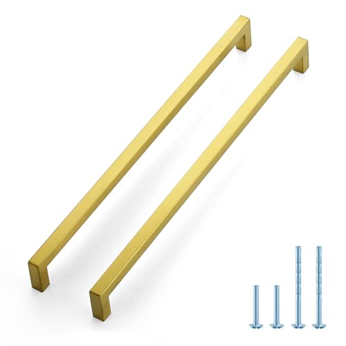 JOY DECOR 2 Pack Gold Cabinet Handles, 13-4/5 Inch Hole Center Cabinet Pulls – Square Stainless Steel Kitchen Knobs for Drawers, Dressers, Cupboards & Vanities - size: 13-4/5 Inch Hole Center