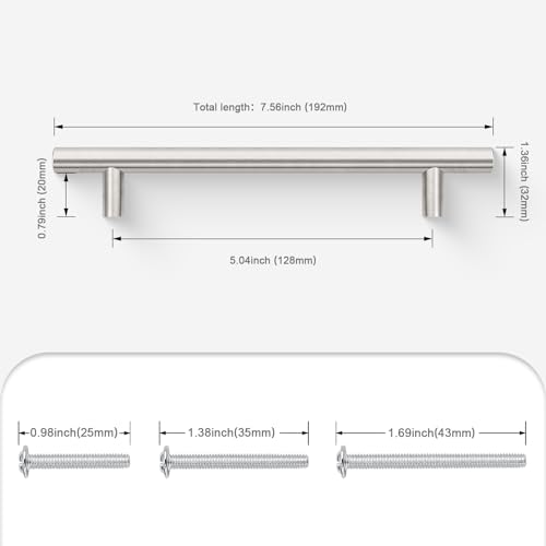 Probrico 5 Pack 128mm(5inch) Hole Centers Brushed Nickel Cabinet Handles Stainless Steel Drawer Handle Length 192mm(7.5inch) T Bar Dresser Pull Handle - color: Brushed Nickel, size: Hole Centers: 5"