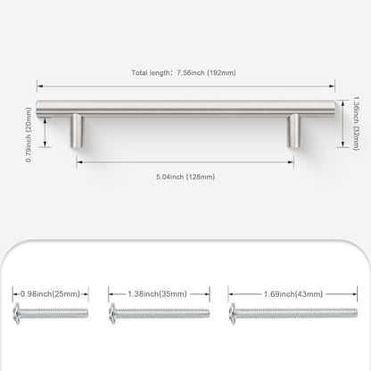Probrico 5 Pack 128mm(5inch) Hole Centers Brushed Nickel Cabinet Handles Stainless Steel Drawer Handle Length 192mm(7.5inch) T Bar Dresser Pull Handle - color: Brushed Nickel, size: Hole Centers: 5"