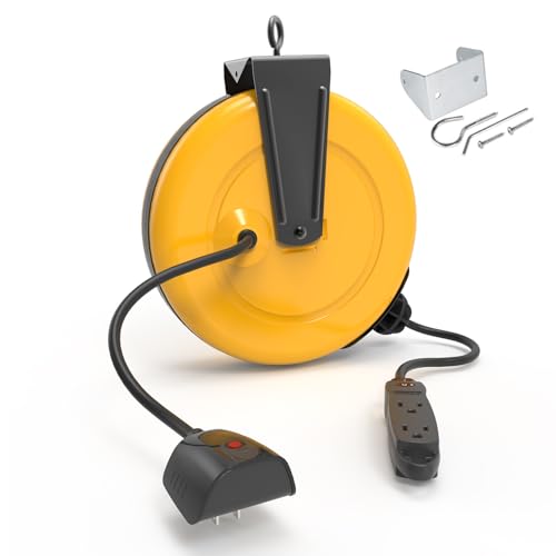30Ft Retractable Extension Cord Reel, Ceiling/Wall Mount 16/3 Gauge SJTW Power Cord with 3 Outlets Triple Tap for Garage, Shop, 10 Amp Circuit Breaker, Durable Coated Metal Plate, ETL Listed