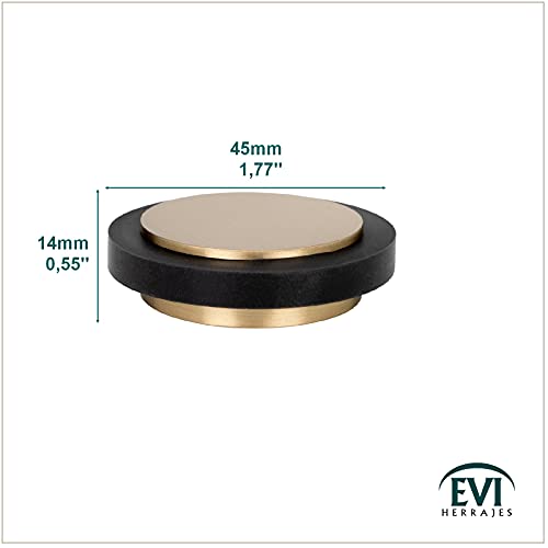 EVI Herrajes | Adhesive Door Stop | Ø1.75" X 0.55" | Adhesive Installation | Brass Satin Matte Finish | Black Natural Silicone Rubber | Mod. I-203X12MT - color: Brass Matte - Black Rubber