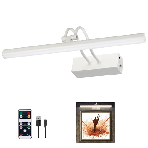 RAIFOOLLY Picture Light, Picture Lights for Wall Cordless, 16inch Picture Lights with Timer and Dimmable, Battery Wall Lights for Display Gallery Painting Art Frame Portrait - White Metal - color: White, size: 16"