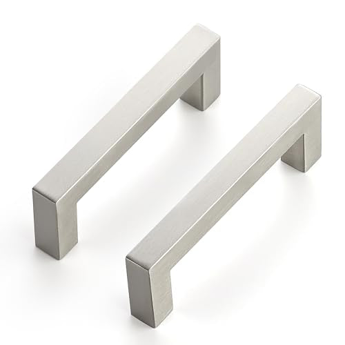 10 Pack Brushed Nickel Cabinet Pulls, 3.75 Inch (96 mm) Hole Center Cabinet Handles, Square Kitchen Hardware for Doors, Drawers & Cupboards, Silver Stainless Steel, 4.25 Inch Overall Length - color: Brushed Nickel Square, size: 3-3/4" Hole Center