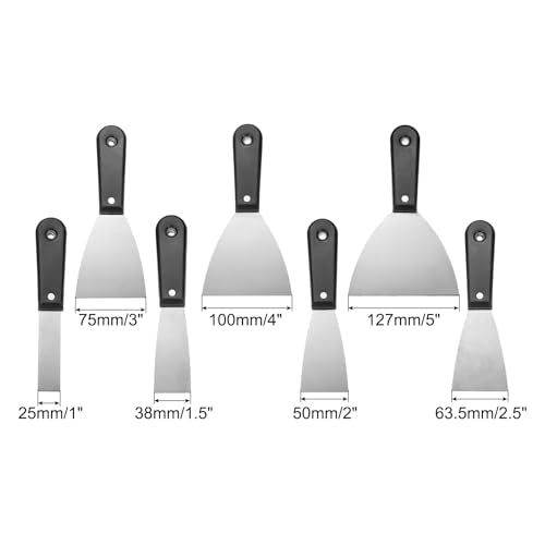 uxcell 7pcs Putty Knife Set 1/1.5/2/2.5/3/4/5 Inch Carbon Steel Paint Scraper Flexible Drywall Repair Mud Knife for Removing Cement Wallpaper Mud Adhesive Taping