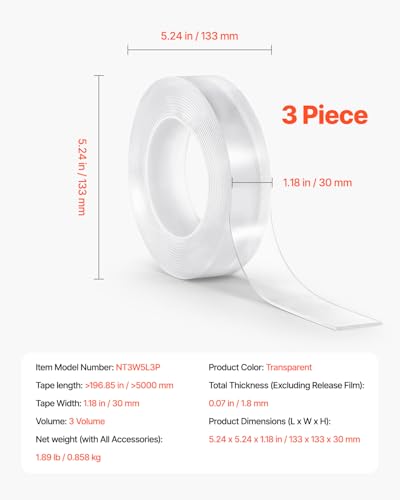 VEVOR Double Sided Tape Heavy Duty, 16 ft Nano Mounting Tape(3 Pack), Strong Adhesive & Reusable, Clear Two Sided Wall Tape, Removable Poster Picture Hanging Strips for Home Office Car Outdoor Use - style: 3 Packs