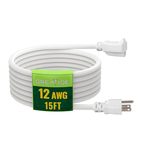 15 Ft Outdoor Extension Cord - 12/3 SJTW Heavy Duty White Extension Cable with 3 Prong Grounded Plug - Power Cord for Lawn, Garden, Appliances - color: White, size: 15 Ft