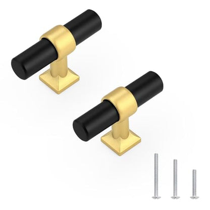 5Pack Single Hole Black Cabinet Knobs with Brushed Brass Base T Shaped Dold Kitchen Cabinet Knobs Hardware Pull Knob for Cabinets and Drawers 50mm Total Length - color: Black with Brushed Brass Base, size: Single Hole-2inch Length