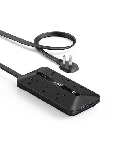Anker Power Strip with 300J Surge Protector, Flat Plug Extension Cord with Multiple Outlets, 6 AC, 2 USB A & 2 USB C Ports for 20W, 5ft Outlet Extender, Dorm Room Essentials, Home Office - color: Black, size: 5FT