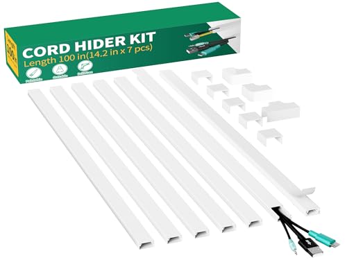Delamu Cord Hider, 100in Self-Adhesive Cord Cover Kit for Wall Mounted TV, Paintable Wire Hider, Cable Management System, Cable Raceway Conceals 2-3 Wires, W0.95 H0.55in, White - color: White, size: 100in x 0.95in x 0.55in