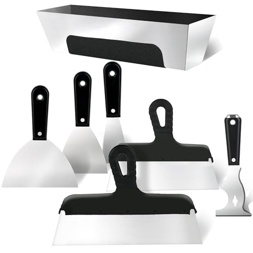 Drywall Knife Set, 7PCS Drywall Tools with Mud Pan, Stainless Steel 2” 3” 4” 6” 10” 12” Knife Set Putty Knives, Taping Knives, Painter Scraper, 12” Mud Pan, Spackle Tool Kit for Repairing Work