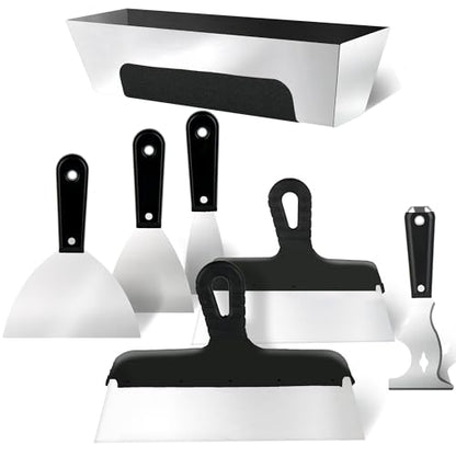 Drywall Knife Set, 7PCS Drywall Tools with Mud Pan, Stainless Steel 2” 3” 4” 6” 10” 12” Knife Set Putty Knives, Taping Knives, Painter Scraper, 12” Mud Pan, Spackle Tool Kit for Repairing Work