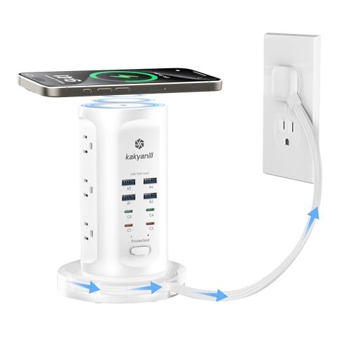 Kakyanill 115W USB Charging Station, Surge Protector Power Strip Tower, 9 AC Outlets with 8 USB Ports(4 USB-C), 6Ft Flat Plug Retractable Extension Cord, for Home Office Dorm, White - color: White&Orange