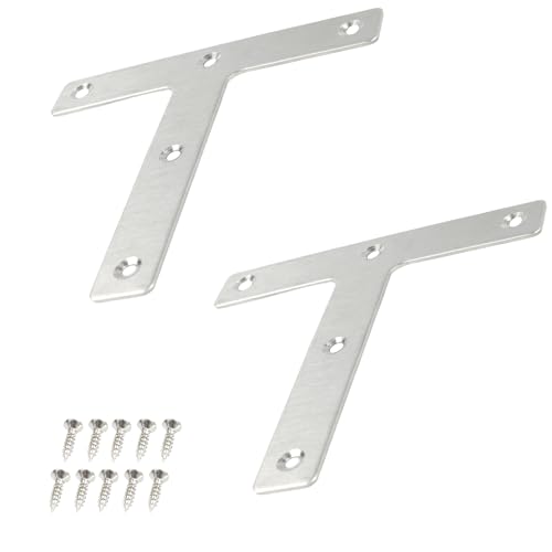 2PCS 120 x 120 mm T Shape Repair Plate, Stainless Steel T Shape Flat Mending Plates, Corner Brackets Angle Braces, Heavy Duty Furniture Repair Fixing Joint