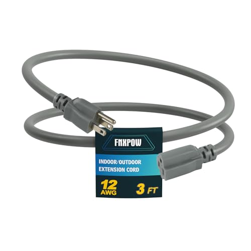 Indoor Extension Cord, 12 Gauge 3 Prong Weatherproof Heavy Duty Gray Extension Cords, 12/3 SJTW 15A 3 FT Extension Cable for Garage, Garden and Home - color: Grey, size: 3FT