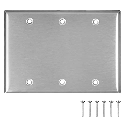 AP-10413, Stainless Steel Blank Wall Plate, 3 Gang Standard Size 4.50" x 6.38" Corrosion and Heat Resistant, Unbreakable Metal, Silver, Cover Unused Electrical Sockets or Switch Holes - size: 3 Gang