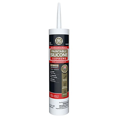GE Supreme Paintable Silicone Caulk for Kitchen & Bathroom, White, 9.5 fl oz Cartridge, 1 Pack - 100% Waterproof Silicone Sealant, 7X Stronger Adhesion, Shrink & Crack Proof - size: Pack of 1