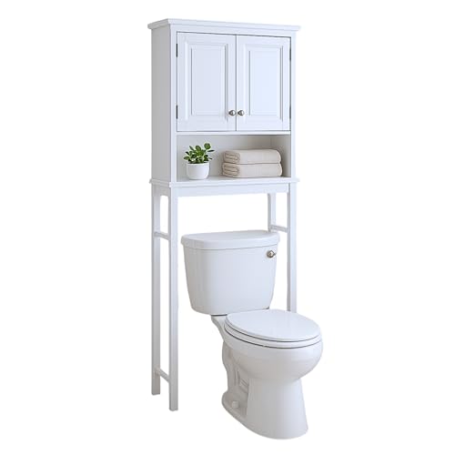 Alaterre Furniture Dorset Over-the-Toilet Storage Cabinet Set – Bathroom Organizer with Adjustable Shelf, Open Display Shelf, Zinc Hinges, and Nylon Floor Levelers (White) - size: Toilet Shelf + Cabinet