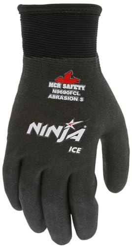 MCR Safety N9690FCS Ninja Ice Insulated Work Gloves, 15-Gauge Black Nylon Shell with Acrylic Terry Interior, Fully Coated with HPT, Small, 1-Pair - size: Small (Pack of 1)