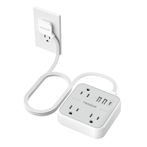 TESSAN Ultra Thin Flat Extension Cord 5 FT, Slim Power Strip with USB Ports (1 USB C), Surge Protector Flat Plug Wall Charger with 3 Outlets for Office, School, Dorm Room Essentials - color: Grey White, size: 5 FT