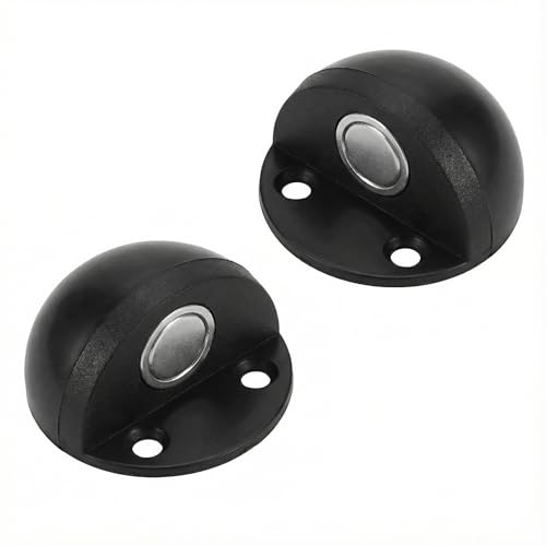 2-Pack No Drill Needed Magnetic Door Stop with Heavy Duty Rubber Bumper - Silent, Self-Adhesive or Screw Mount Stainless Steel Floor Door Stopper for Bedroom, Living Room, Office (Black) - color: Black