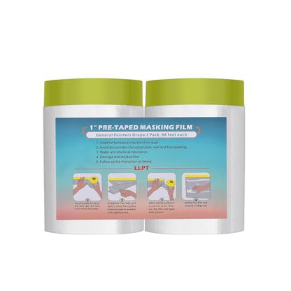 LLPT Tape and Drape 25.6”(Unfolded) x 66 Ft Each 2 Pack Pre-Taped Masking Film 0.31 Mil Painters Plastic Drop Cloth for Auto Wall Furniture Painting Protection (MFTG620) - size: 25.6 Inch X 66 Ft