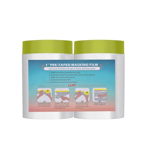LLPT Tape and Drape 25.6”(Unfolded) x 66 Ft Each 2 Pack Pre-Taped Masking Film 0.31 Mil Painters Plastic Drop Cloth for Auto Wall Furniture Painting Protection (MFTG620) - size: 25.6 Inch X 66 Ft