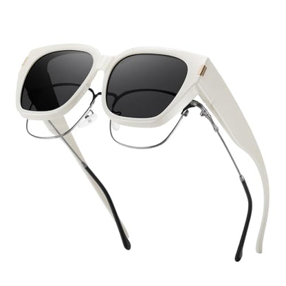 HAOLOTA Polarized Fit Over Glasses Sunglasses for Women Men Trendy Square Wrap Around Shades UV Protection - color: L Size 07 White/Grey