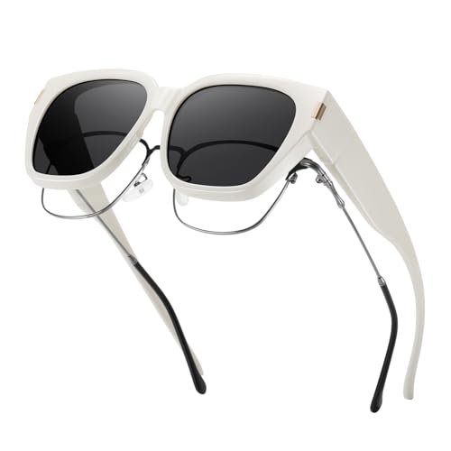 HAOLOTA Polarized Fit Over Glasses Sunglasses for Women Men Trendy Square Wrap Around Shades UV Protection - color: L Size 07 White/Grey