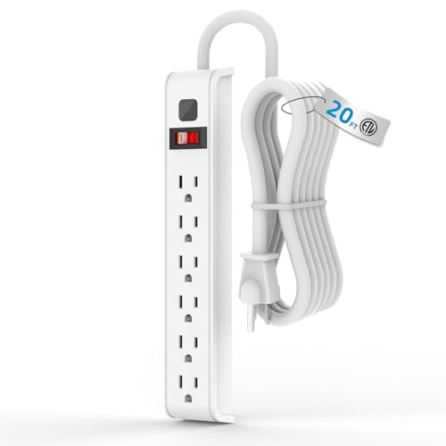 TiFFCOFiO Surge Protector Power Strip, 20 Feet Extension Cord, 600 Joules Surge Protection, Multiple Protection 6 Outlet Strip, 14 AWG Cord, 15A/1875W, ETL Listed - size: 20 ft (1 Pack), style: 1 PACK
