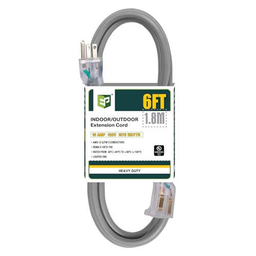 EP 6 Ft Lighted Outdoor Extension Cord - 12/3 SJTW Heavy Duty Grey Extension Cable with 3 Prong Grounded Plug - Power Cord for Lawn, Garden, Appliances - color: Grey, size: 6ft