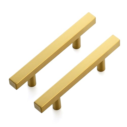 10 Pack Brushed Brass Cabinet Handles with 3 Inch (76 mm) Hole Center, Square Kitchen Hardware for Cabinets & Drawers, Stainless Steel Pulls, 5 Inch Overall Length - color: Brushed Brass Square T-Shaped, size: 3" Hole Center