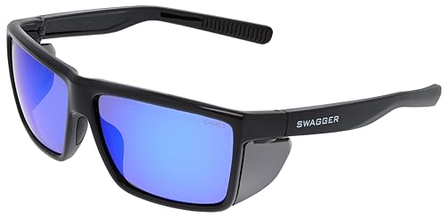 MCR Safety SR218BZ Swagger SR2 Series Safety Glasses with Thermo Plastic Rubber Nose Pads and Detachable Side Shields, Black Frame, Blue Diamond Mirror Polarized Lens - color: Black Frame (Polarized Blue Diamond Mirror Lens)
