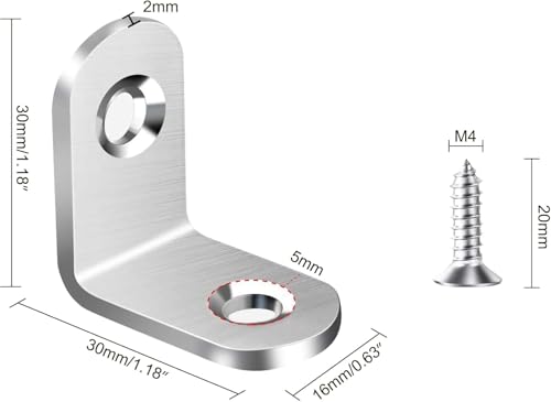 MONKIPAER 20pcs L Brackets Corner Brace, 30mmx30mm Heavy Duty Small Brackets, Stainless Steel Right Angle Brace, 90 Degree for Wood Shelves Dressers Chairs with 40pcs Screws (1.18 x 1.18 inch)