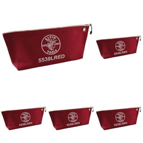 Klein Tools 5539LRED Zipper Bag, Large 16-Inch Canvas Tool Pouch for Tool Storage with Brass Zipper, and Grommet for Hanging, Red (Pack of 5) - color: Red, size: Large (Pack of 5)