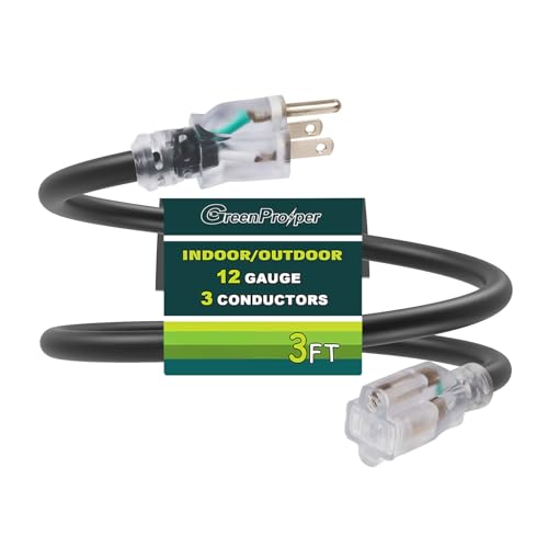 3 FT Black Extension Cord with Lighted End, 12 AWG 3 Prong Indoor Heavy Duty Waterproof Power Cable for Major Appliance, 12/3 SJTW UL Listed - color: Black, size: 3 FT