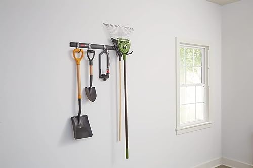 Rubbermaid FastTrack Garage Storage Utility Hooks 5 Piece Black All in One Rail Hook Kit and Tool Organizer Heavy Duty for Home/Garage/Shed/Garden - size: 1 Rail, 4 Hooks