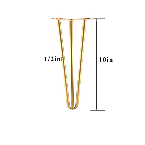 10 Inch Hairpin Legs Metal - 1/2” Dia 3 Rods Design - Mid Century Furniture Table Legs, DIY Furniture Hairpin Feet Gold for Nightstand, Coffee Table and TV Stand, Set of 4 - size: 10 Inch