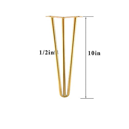 10 Inch Hairpin Legs Metal - 1/2” Dia 3 Rods Design - Mid Century Furniture Table Legs, DIY Furniture Hairpin Feet Gold for Nightstand, Coffee Table and TV Stand, Set of 4 - size: 10 Inch
