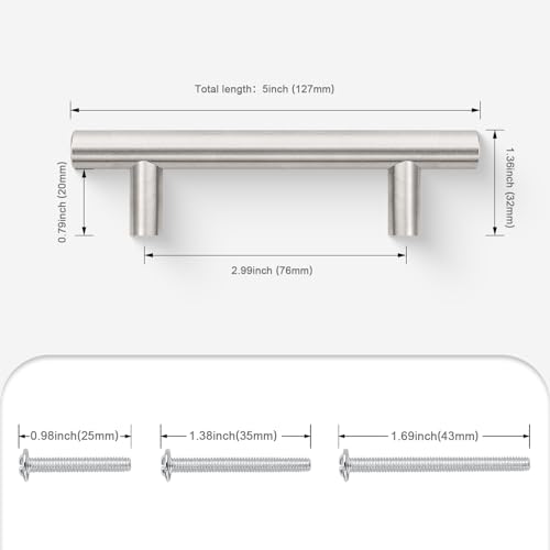 Probrico 5 Pack Hole Centers (76mm) 3inch Brushed Nickel Cabinet Pulls Stainless Steel Drawer Handles Euro Style T Bar Dresser Pull Handle Length 127mm(5inch) - color: Brushed Nickel, size: Hole Centers: 3"