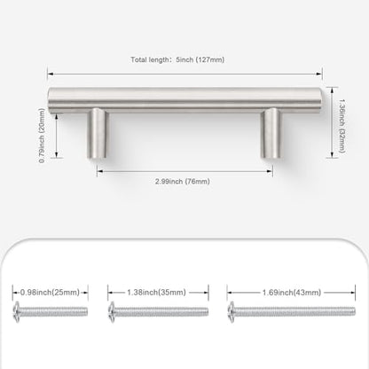 Probrico 5 Pack Hole Centers (76mm) 3inch Brushed Nickel Cabinet Pulls Stainless Steel Drawer Handles Euro Style T Bar Dresser Pull Handle Length 127mm(5inch) - color: Brushed Nickel, size: Hole Centers: 3"