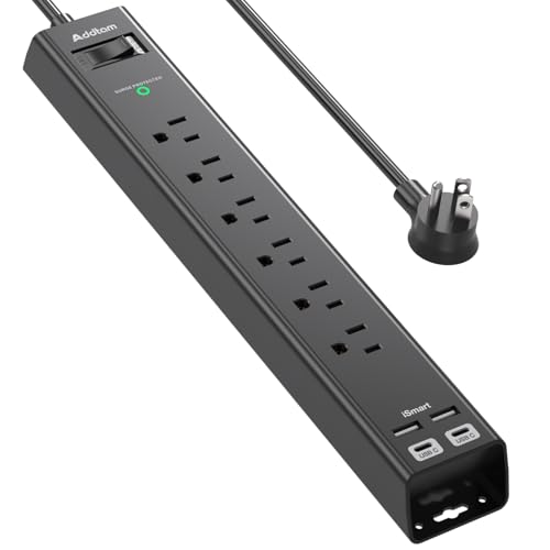 Flat Extension Cord, Addtam 5Ft Surge Protector Power Strip with 6 AC Outlets 4 USB, 1875W/15A, Wall Mount, Desk Charging Station for Office School College Dorm Room Essentials, ETL Listed - style: Round Cord