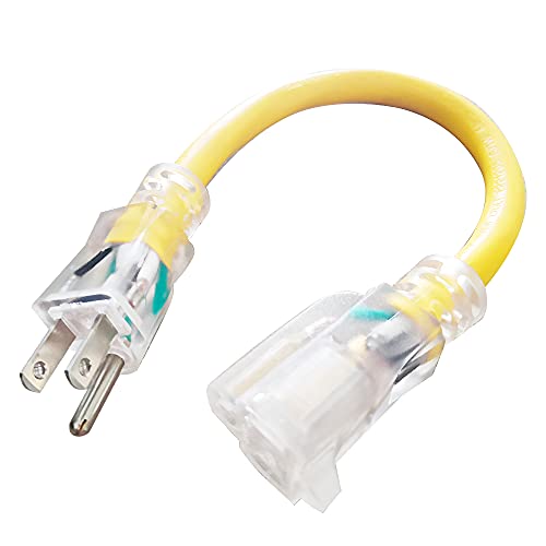 EP 1 ft Lighted Extension Cord - 12/3 SJTW Heavy Duty Yellow Extension Cable with 3 Prong Grounded Plug - 15AMP Power Cord for Lawn, Garden, Appliances - color: Yellow, size: 1ft
