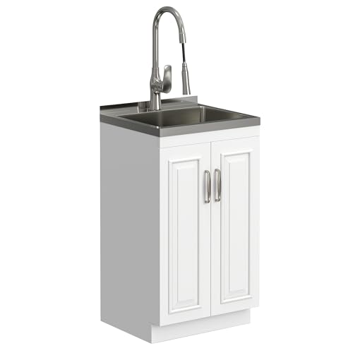 SIMPLIHOME Darwin All-in-One 20 inch Wide Utility Sink and Laundry Cabinet in Pure White Finish, Transitional Stainless Steel Sink Cabinet for Laundry Rooms with High-Arch Chrome Faucet and Storage - size: 20 Inch, style: Stainless Steel Sink