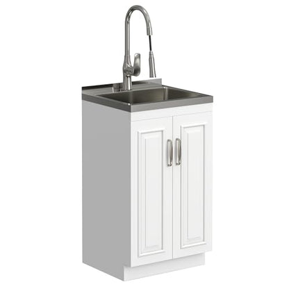 SIMPLIHOME Darwin All-in-One 20 inch Wide Utility Sink and Laundry Cabinet in Pure White Finish, Transitional Stainless Steel Sink Cabinet for Laundry Rooms with High-Arch Chrome Faucet and Storage - size: 20 Inch, style: Stainless Steel Sink