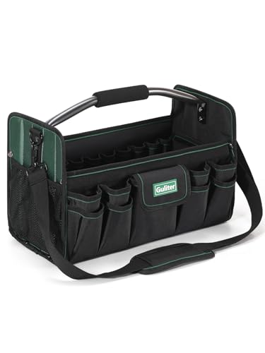 17 Inch Tool Bag,Electrician Tool Bags,Heavy Duty Open Top Tool Tote,31 Pocket Tool Box Organizer with Stainless Steel Handle & Adjustable Shoulder Strap, Black/Green