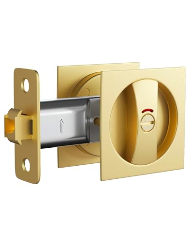 Lethato Pocket Door Hardware Gold, Pocket Door Lock with Indicators, Pocket Door Latch, Gold Contemporary Pocket Door with Privacy Lock(1 Pack, Square) - color: (Indicators)Gold, size: 1 Pack