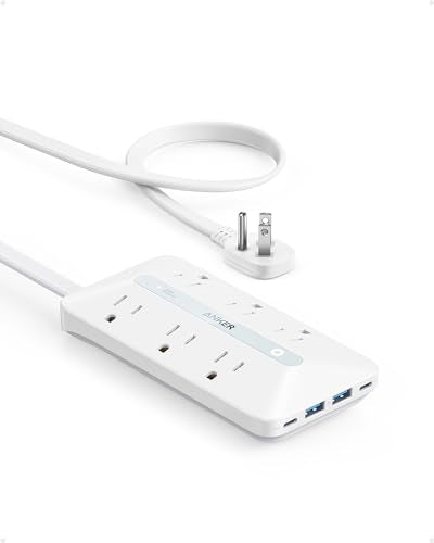 Anker Power Strip with 300J Surge Protector, Flat Plug Extension Cord with Multiple Outlets, 6 AC, 2 USB A & 2 USB C Ports for 20W, 5ft Outlet Extender, Dorm Room Essentials, Home Office - color: White, size: 5FT