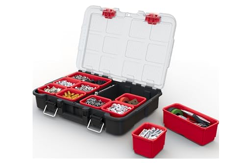 Keter Stack-n-Roll Modular Tools Organizer for Garage Storage and DIY, 3 Piece Resin Rolling Tool Box System for Small Parts, Black - size: 3PC System