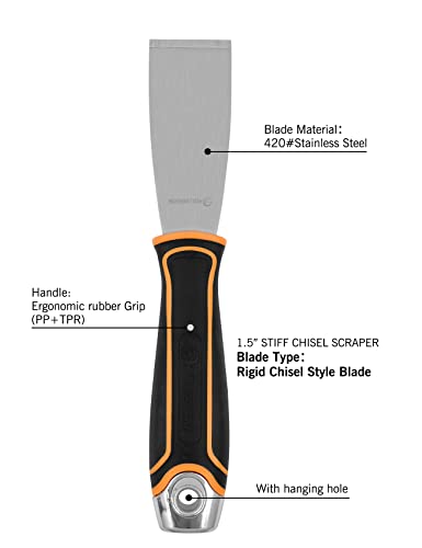 ROLLINGDOG 1.5 Inch Stiff Putty Knife - Stainless Steel Chisel Paint Scraper Tool for Wallpaper Stripping - color: 1.5" Putty Knife