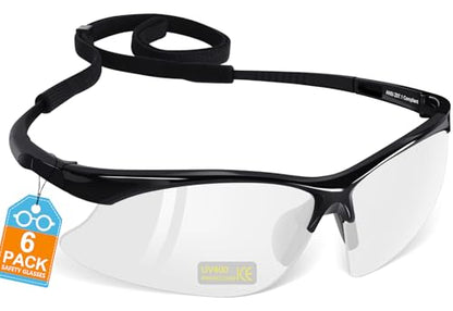 OXG 6 Pack Anti-Fog Safety Glasses, ANSI Z87+ Impact & Scratch Resistant Protective Eyewear for Work, Lab, Construction - color: Clear With Straps
